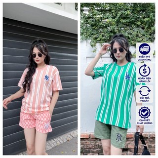 Áo thun mlb ny đen áo phông mlb nam nữ tay lỡ form rộng sọc hồng trắng
