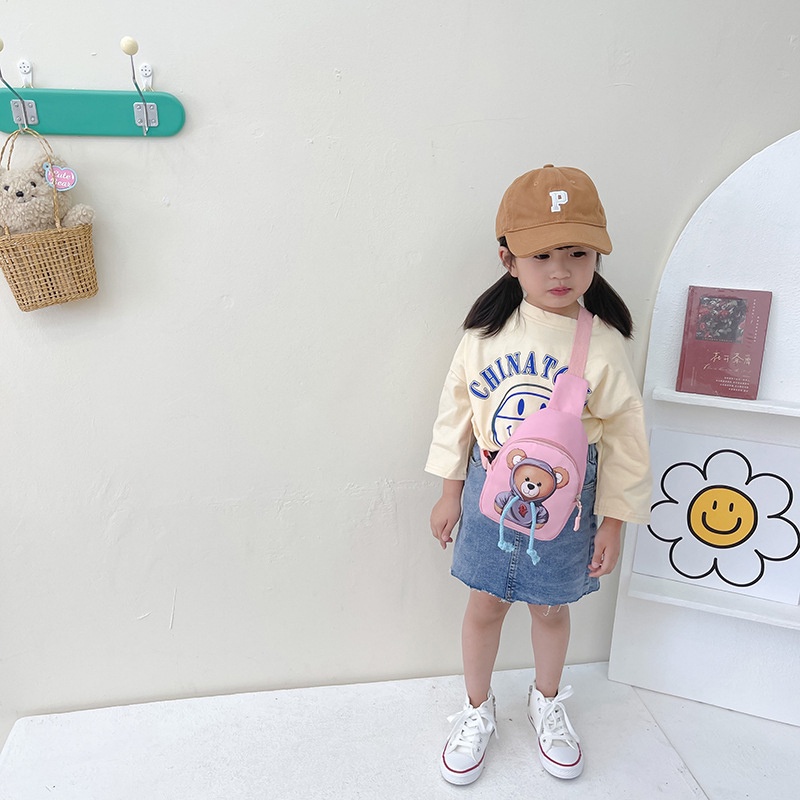 Túi Đeo Chéo Ngực / Thắt Lưng Vải Canvas Hình Gấu Hoạt Hình Dễ Thương Có Khóa Kéo Có Thể Điều Chỉnh Cho Bé