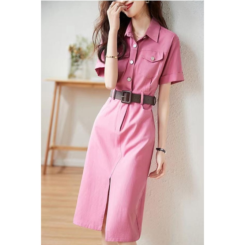 Đầm Sơ Mi Cổ Polo Màu Hồng Thiết Kế Đơn Giản Phong Cách Pháp Thời Trang Mùa Hè Hàng Mới JJ