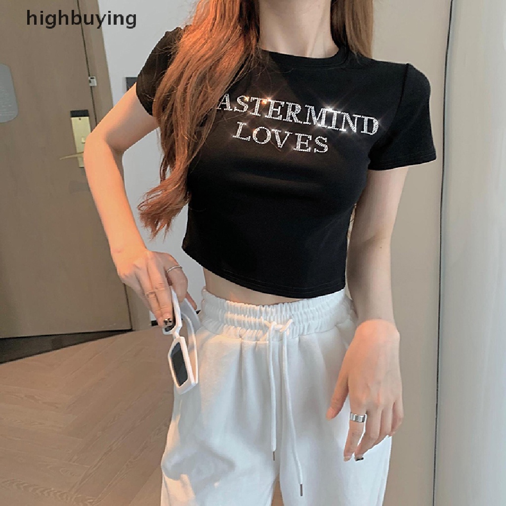 Áo Thun Croptop Ngắn Tay Cổ Tròn In Chữ Đính Đá Lấp Lánh Phong Cách Retro Cho Nữ
