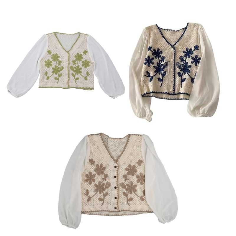 Áo Khoác Chiffon Dệt Kim Tay Dài Cổ Chữ V Cài Nút In Hoa Kiểu Pháp Cho Nữ