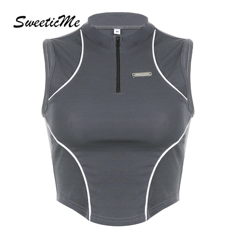 Áo Thun Thể Thao Sát Nách Phối Màu Tương Phản Có Khóa Kéo Thời Trang 2023 Cho Nữ