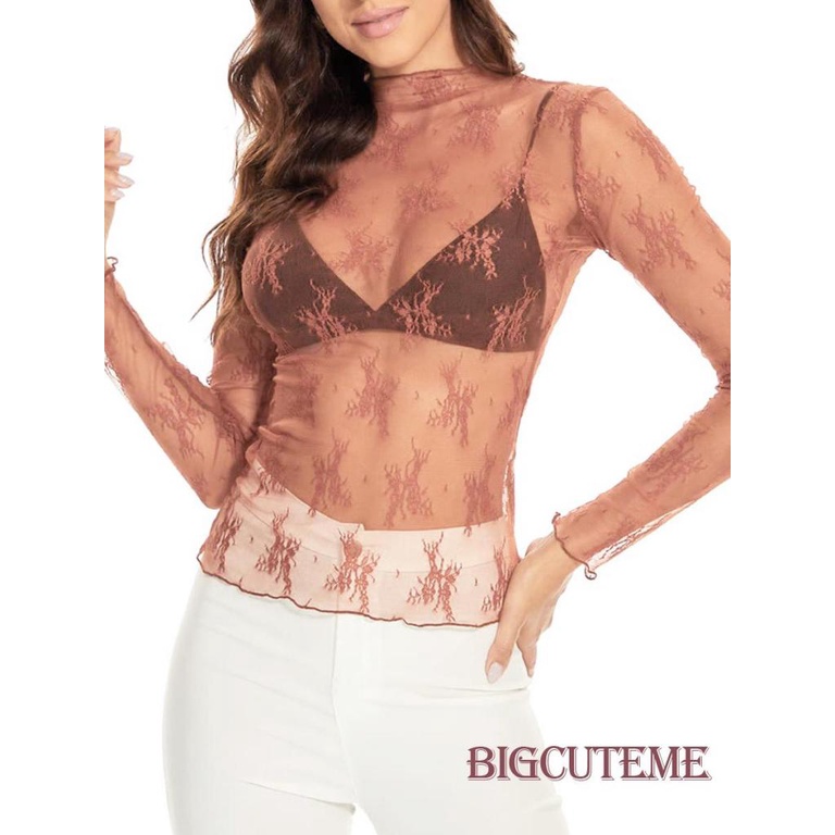 [] Áo Thun Dáng Rộng Cổ Cao Xuyên Thấu Tay Dài Phối Ren Hoa Cơ Bản Dành Cho Bạn Nữ