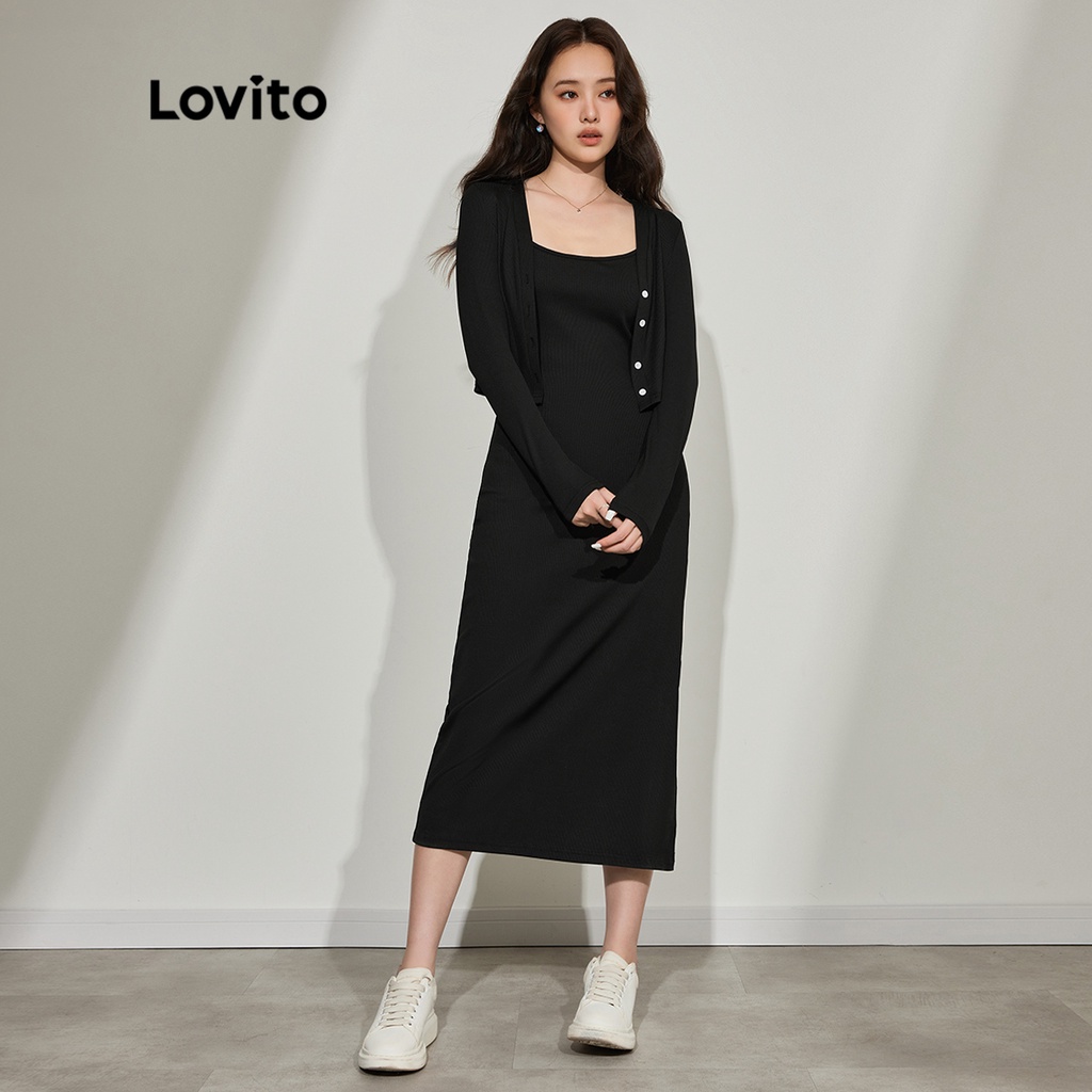 Set trang phục 2 món LOVITO đầm không tay cổ tròn ôm dáng và áo croptop tay dài cắt xẻ màu trơn thường ngày L45ED031 (màu đen)