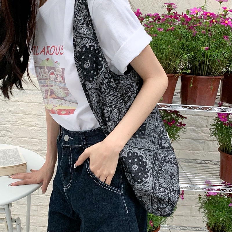 MISCHA Túi Xách Canvas Cỡ Lớn In Họa Tiết Phong Cách Retro Thời Trang Hàn Quốc Cho Nữ