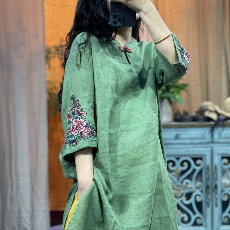 Đầm Sườn Xám Cách Tân Vải Lanh Cotton Thêu Họa Tiết Phong Cách Trung Hoa Cổ Điển Thời Trang Cho Nữ