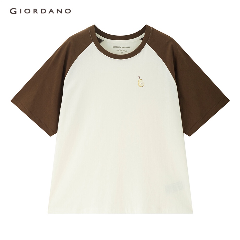 Áo thun GIORDANO 05323435 tay kiểu raglan thêu họa tiết phối màu tương phản cho nữ