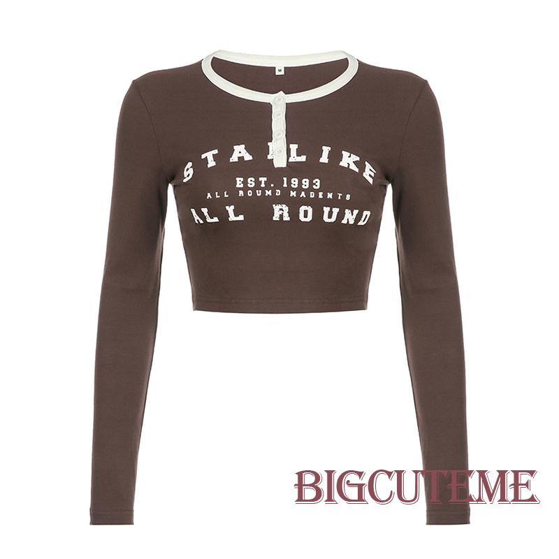 Áo Thun Crop Top Tay Dài Cổ Chữ V In Chữ Phong Cách Retro Dành Cho Nữ