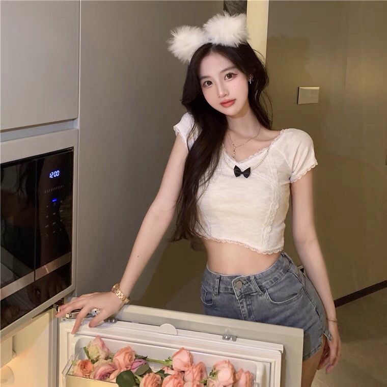 Jiashucheng Áo Thun Lửng Ngắn Tay Cổ Chữ v Eo Cao Thời Trang Mùa Hè Phong Cách Hàn Quốc Dành Cho Nữ