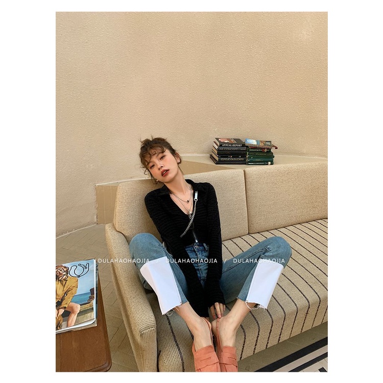 COZOKC COZOK Áo Thun Tay Dài Dáng Ôm Cổ Chữ V Xếp Ly Phối Khóa Kéo Thời Trang Cho Nữ