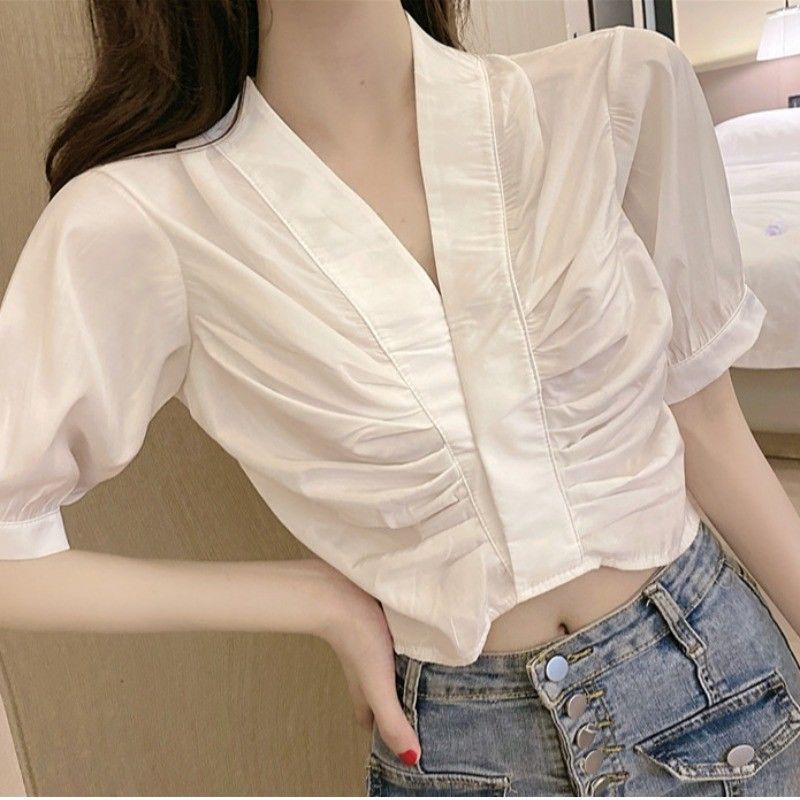 Áo Sơ Mi Crop Top Ngắn Hở Rốn Dáng Ôm 40% Thời Trang Mùa Hè Kiểu Pháp Cổ Điển Màu Đen Cho Nữ
