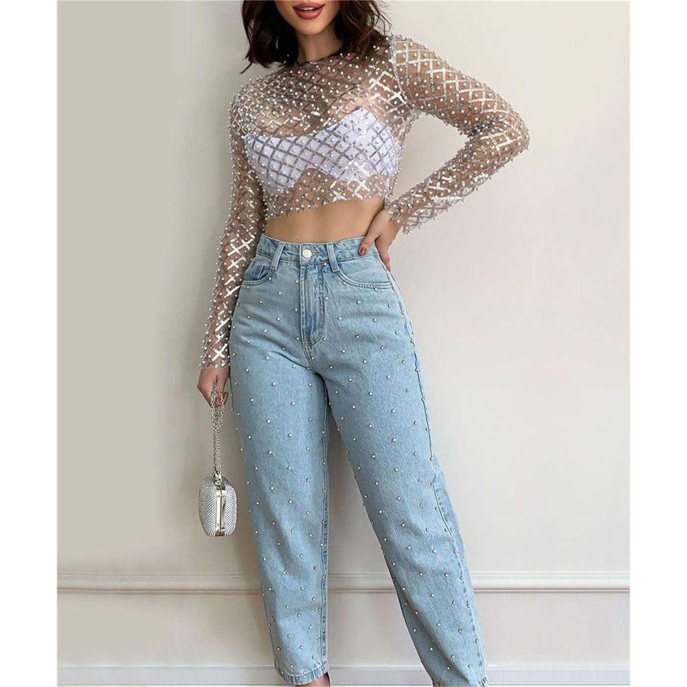 Áo Croptop Tay Dài Xuyên Thấu Đính Kim Sa Lấp Lánh Quyến Rũ Cho Nữ