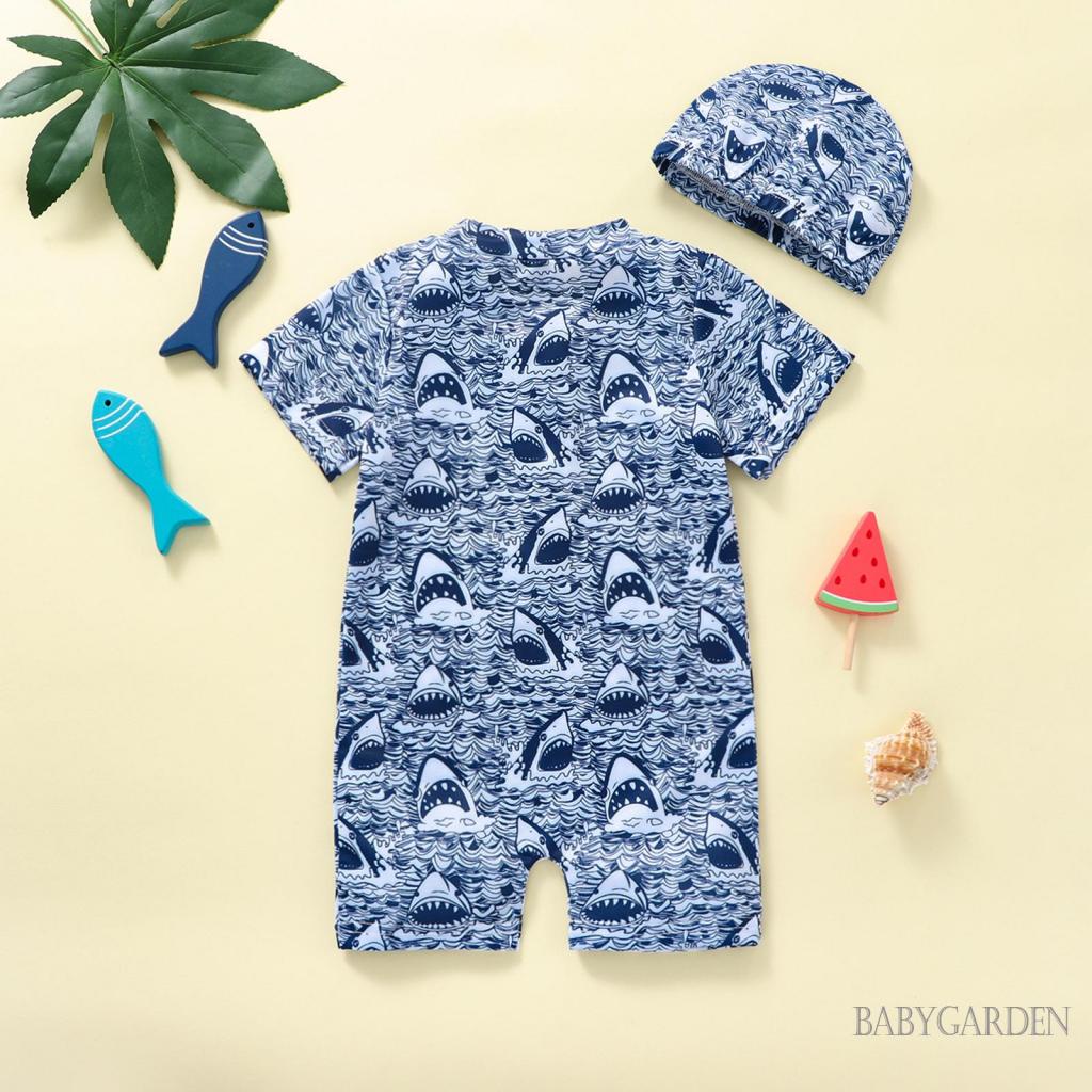 Bộ Đồ Bơi Liền Thân Tay Ngắn Cổ Tròn Kèm Nón In Họa Tiết Cá Mập Dễ Thương Thời Trang Mùa Hè Cho Bé Trai Từ 0-4 Tuổi