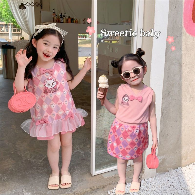 Bộ Áo Dệt Kim + Chân Váy In Hoạt Hình Thời Trang Mùa Hè Xinh Xắn Cho Bé Gái