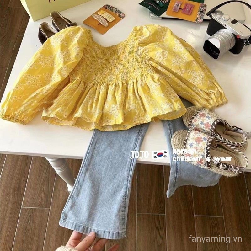 Set Áo Sơ Mi Tay Phồng + Quần Jeans Phong Cách Hàn Quốc Cho Bé Gái
