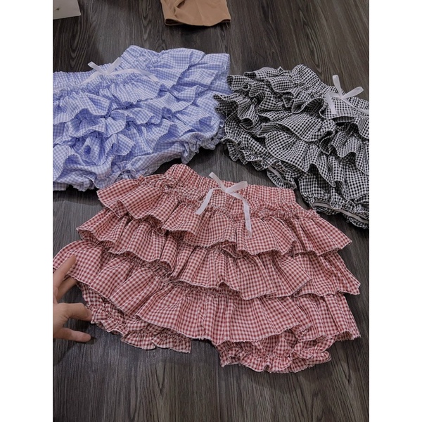 Set Bộ Caro Áo Croptop Nhún Bẹt Trễ Vai Đính Ruy Băng +  Quần Tầng alohashop91