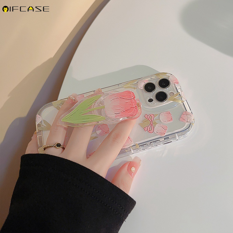 Ốp Điện Thoại Mềm Trong Suốt Chống Sốc Có Giá Đỡ Hình Hoa Tulip Cho iPhone 14 Plus 13 12 11 Pro Max