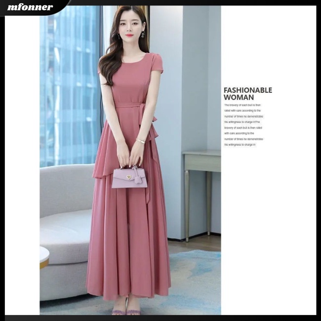 Đầm Midi Chữ A Tay Ngắn Cổ Tròn Màu Sắc Đơn Giản Thời Trang Mùa Hè Cho Nữ