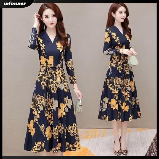 Đầm Dài Tay Cổ Chữ V Họa Tiết Hoa Ngọt Ngào Thanh Lịch Cho Nữ