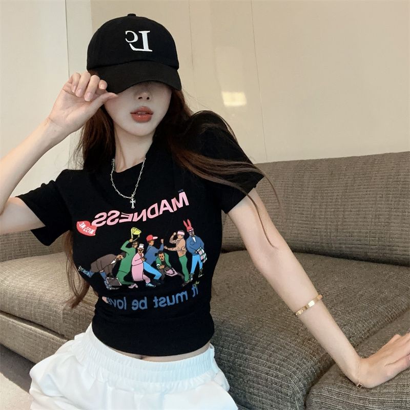 Áo Thun Cotton Ngắn Tay In Họa Tiết Hoạt Hình Đơn Giản Dành Cho Nữ