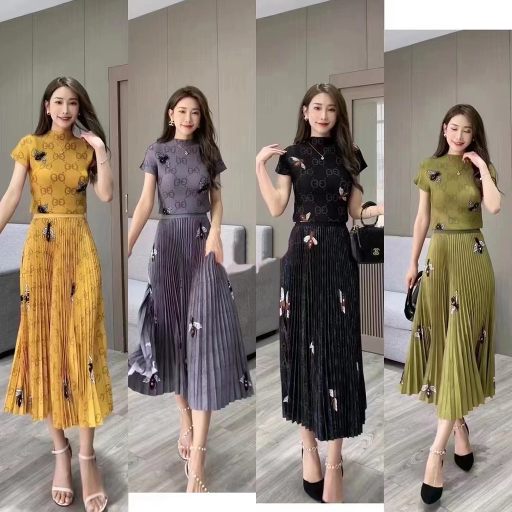 Bộ Áo Sơ Mi Xếp Ly Dáng Ôm + Chân Váy Xếp Ly In Họa Tiết Thời Trang Mùa Hè 2023
