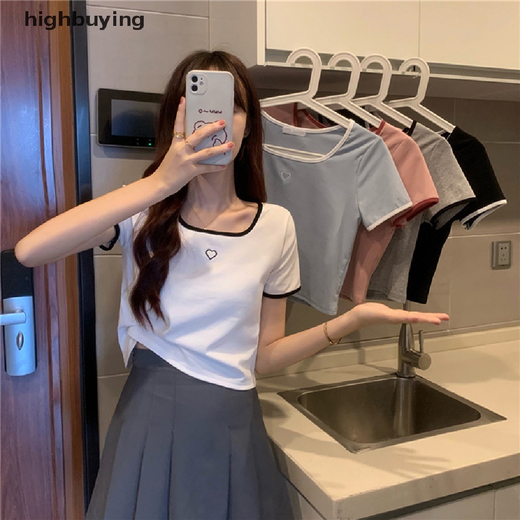 Áo Thun Croptop Ngắn Tay Cổ Vuông Thêu Họa Tiết Trái Tim Màu Sắc Tương Phản Thời Trang Mùa Hè Cho Nữ