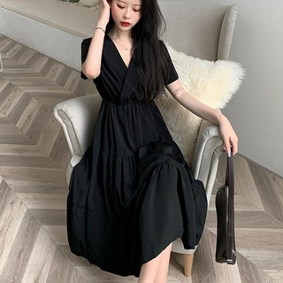 Váy đầm nữ Bigsize Đầm dự tiệc sang trọng dáng dài tay ngắn cổ chữ v đen mùa hè Phong cách Hàn Quốc Thời Trang đẹp