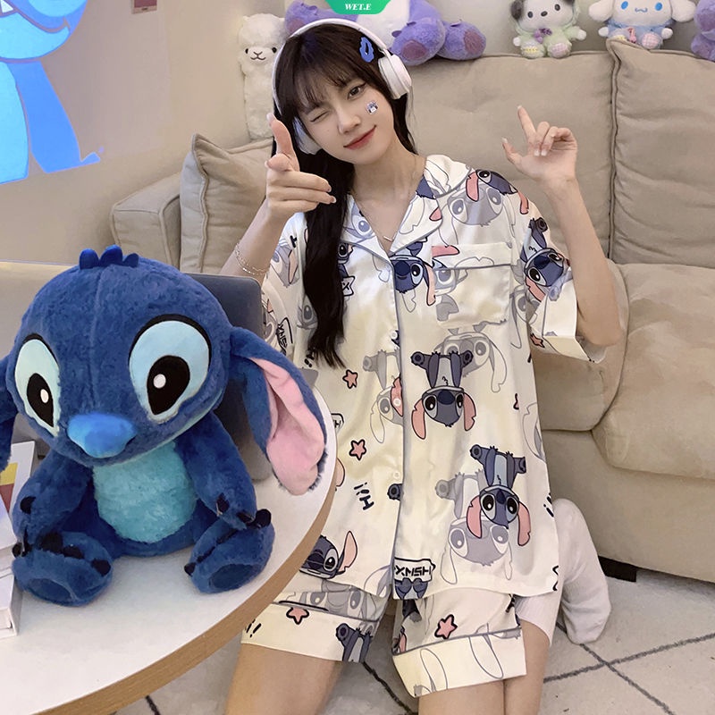 Bộ Đồ Ngủ Ngắn Tay Họa Tiết Stitch Hoạt Hình Đơn Giản Thoải Mái Cho Nữ