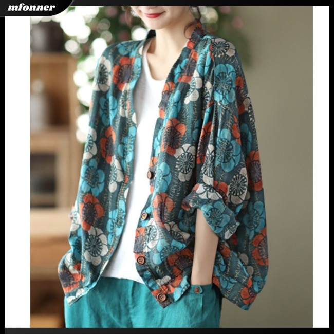 Áo Sơ Mi Tay Dài Cổ Chữ V Dáng Rộng Vải Lanh In Họa Tiết Thời Trang Cho Nữ