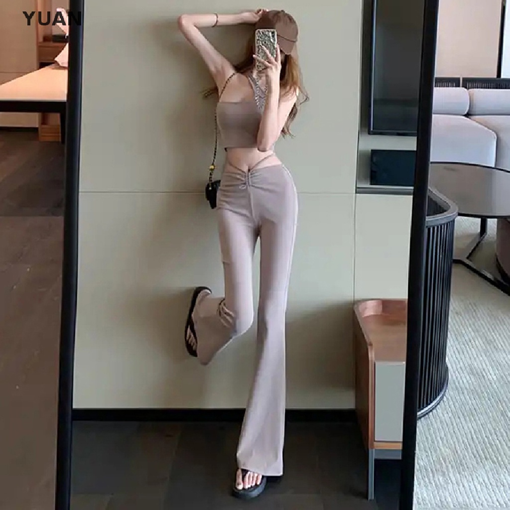 Quần Ống Loe Lưng Cao Màu Trơn Phong Cách Hàn Quốc Cho Nữ