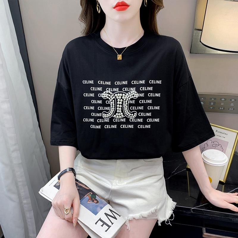 Áo Thun Cotton Cổ Tròn Dáng Rộng Màu Trơn Đính Hạt Ba Chiều Thời Trang Mùa Hè Châu Âu 2023