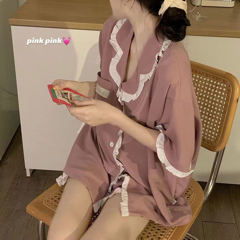 Bộ Đồ Ngủ Áo Cardigan Ngắn Tay Phối Quần Short Phong Cách Nhật Bản Đơn Giản Thời Trang Mùa Hè Cho Nữ