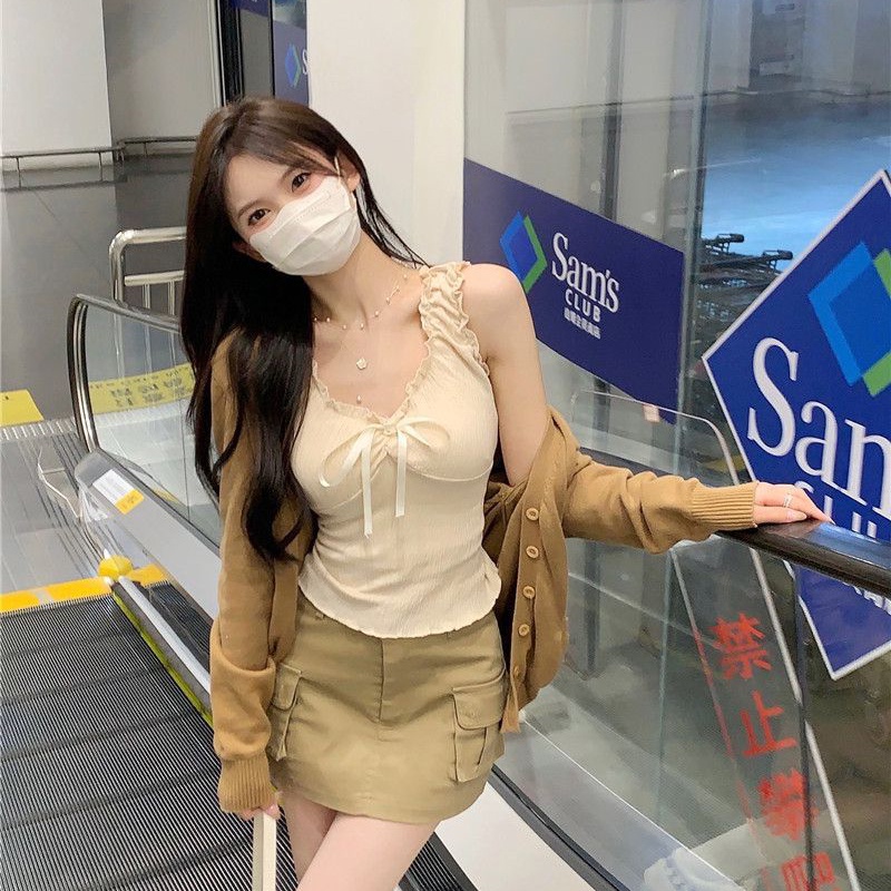 IELGY Áo Croptop Sát Nách Đính Nơ Thời Trang Cho Nữ