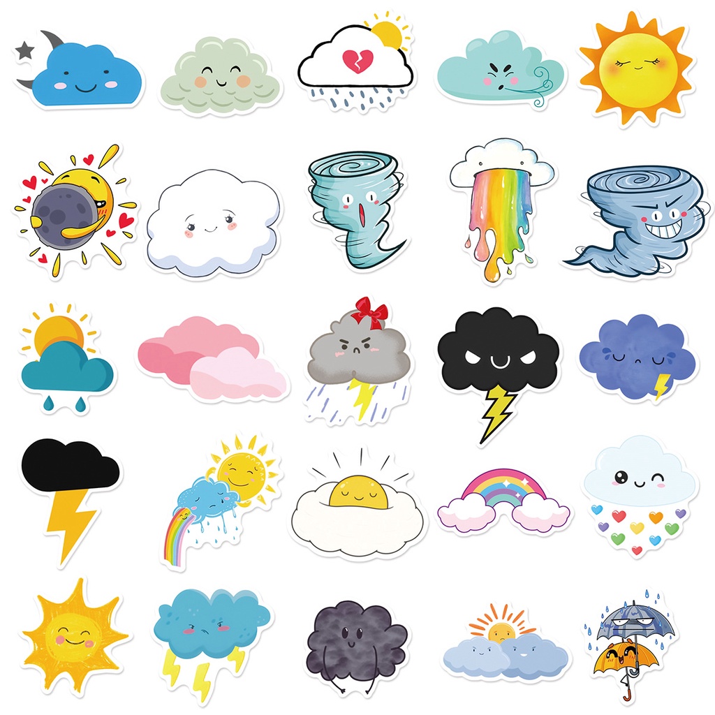 Bộ 100 Cái ❉ Sticker Dán Trang Trí Hình Biểu Tượng Cảm Xúc Thời Tiết Vui Nhộn ❉ Sticker Dán Tường Chống Thấm Nước Họa Tiết Doodle Hợp Thời Trang