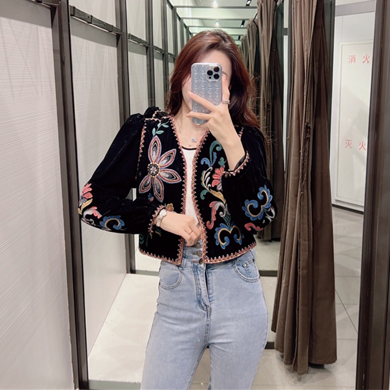 Zara Áo Khoác Nhung Thêu Hoa Phong Cách vintage Thời Trang 06895277800