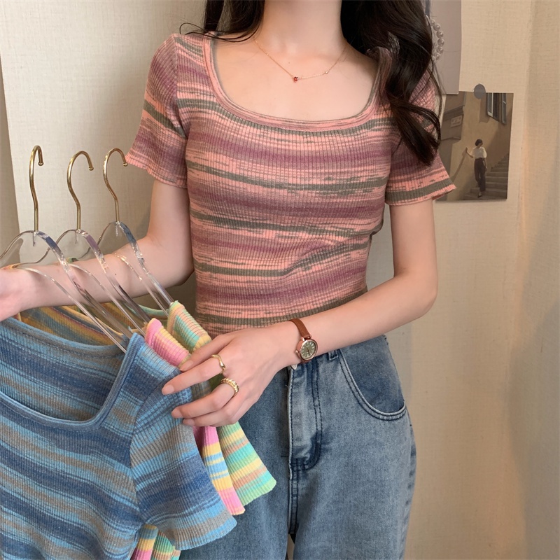 Áo Sweater Tay Ngắn Cổ Vuông Họa Tiết Kẻ Sọc Màu Sắc Tương Phản Thời Trang Mùa Hè 2023 Cho Nữ