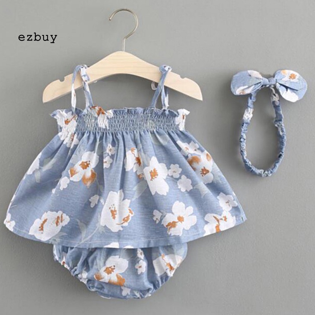 Set Đồ 3 Món Áo Thun Không Tay In Hoa + Quần Ngắn + Băng Đô Dành Cho Bé Gái