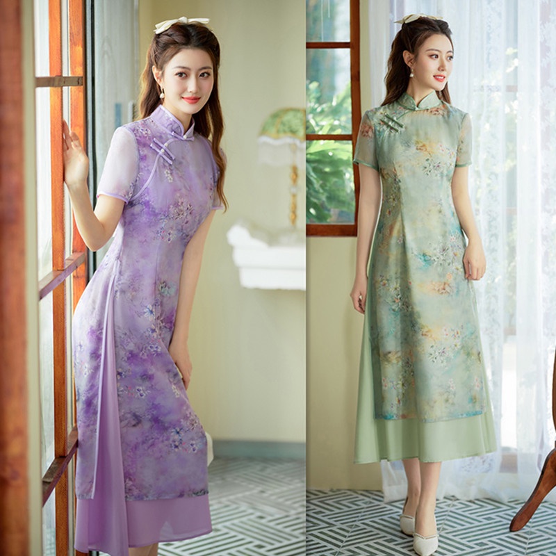Áo Dài Sườn Xám 2023 Xuân Hè Cải Tiến Mới Phong Cách Dân Tộc Nữ Trẻ Váy Sườn Xám Hàng Ngày