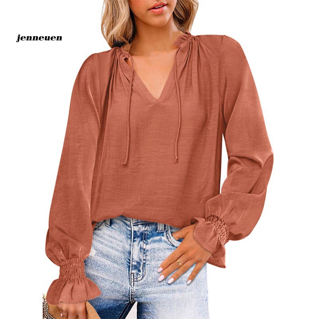 Áo Sơ Mi Voan Tay Dài Phồng Cổ Chữ V Màu Trơn Thắt Dây Phía Trước Kiểu Dáng Đơn Giản Cho Nữ