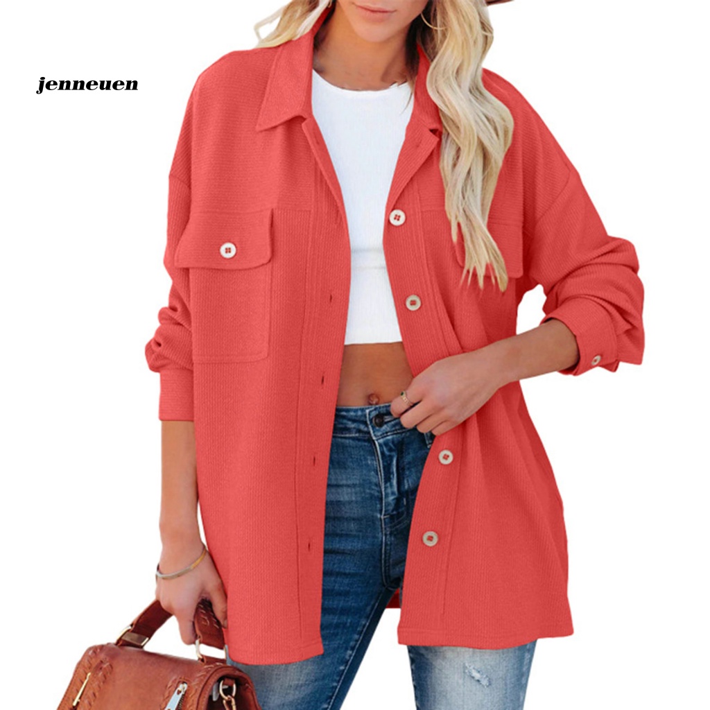 Áo Sơ Mi Tay Dài Cổ Bẻ Có Túi Màu Trơn Thời Trang Thu Đông Cho Nữ