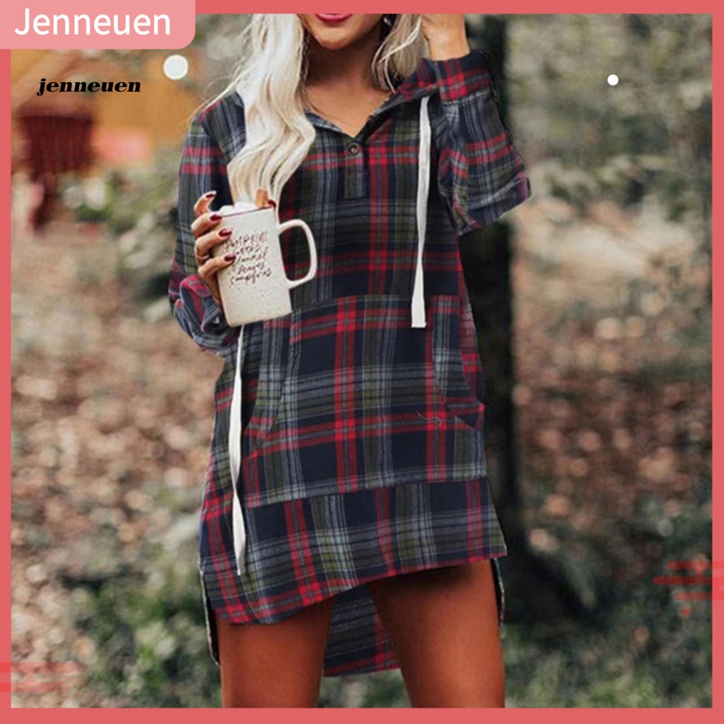 Áo Hoodie Tay Dài Có Túi Trước In Họa Tiết Caro Cổ Điển Phối Dây Rút Thời Trang Mùa Thu Cho Nữ