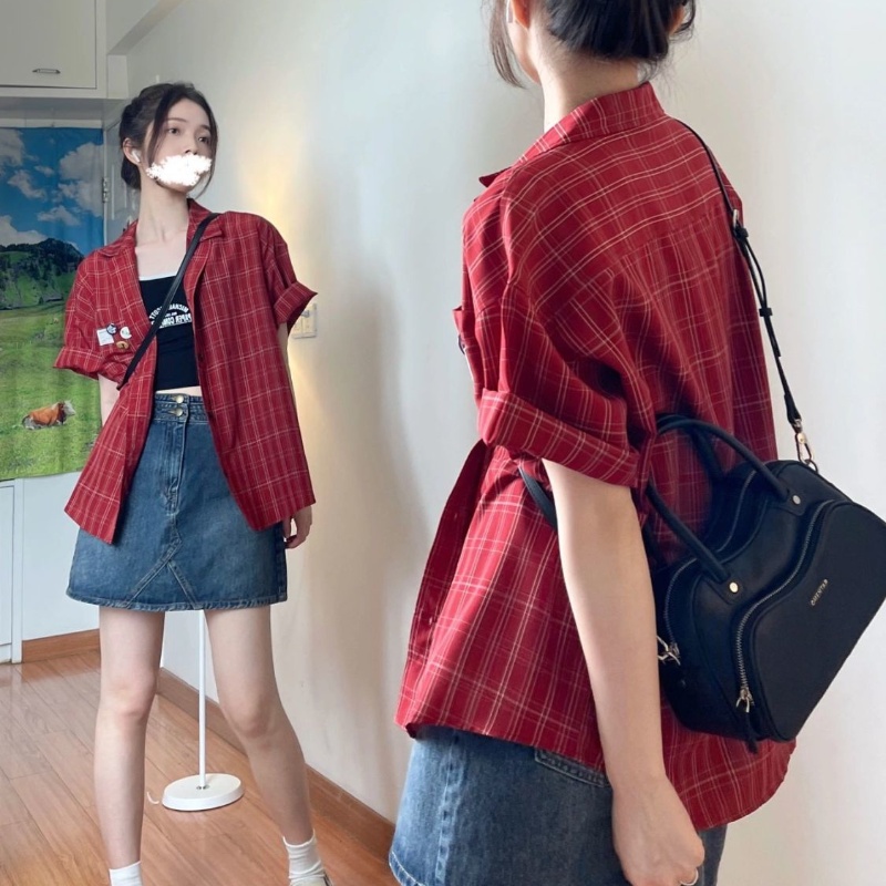 COZOK Áo Sơ Mi Tay Ngắn Dáng Rộng Họa Tiết Sọc Caro Phong Cách Vintage