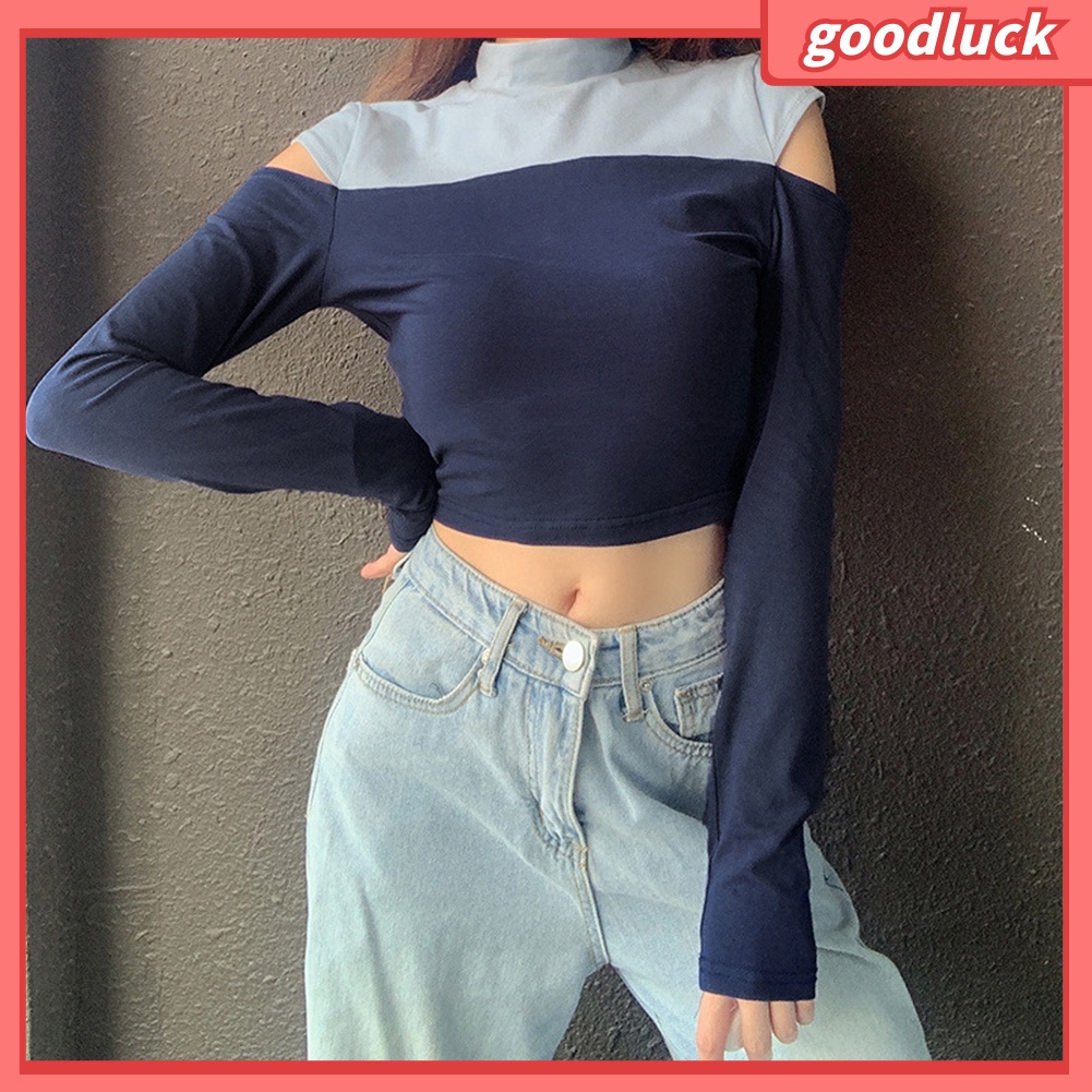 Áo Croptop Tay Dài Hở Vai Màu Sắc Khối Rỗng Thời Trang Đường Phố Cho Nữ
