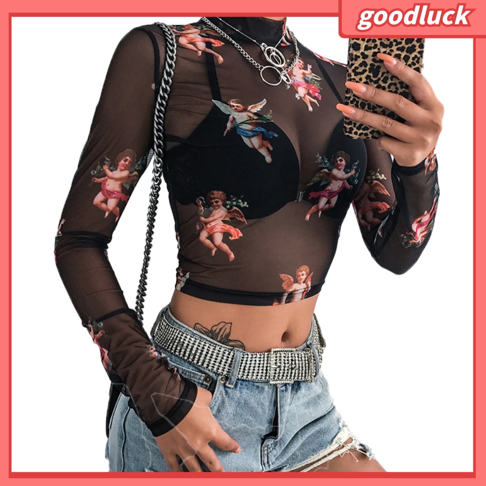 [ULK] Áo Crop Top Tay Dài Cổ Cao Xuyên Thấu Mềm Mại Quyến Rũ Cho Nữ