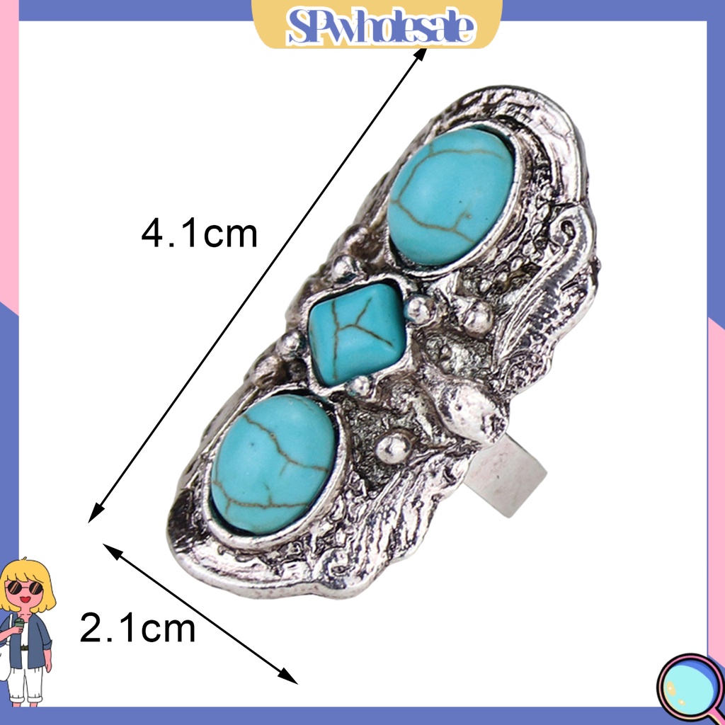 <SPwholesale> Nhẫn Hở Chạm Khắc Hoa Văn Đá Xanh Lá Phong Cách Bohemian Có Thể Điều Chỉnh Kích Thước Cho Bữ