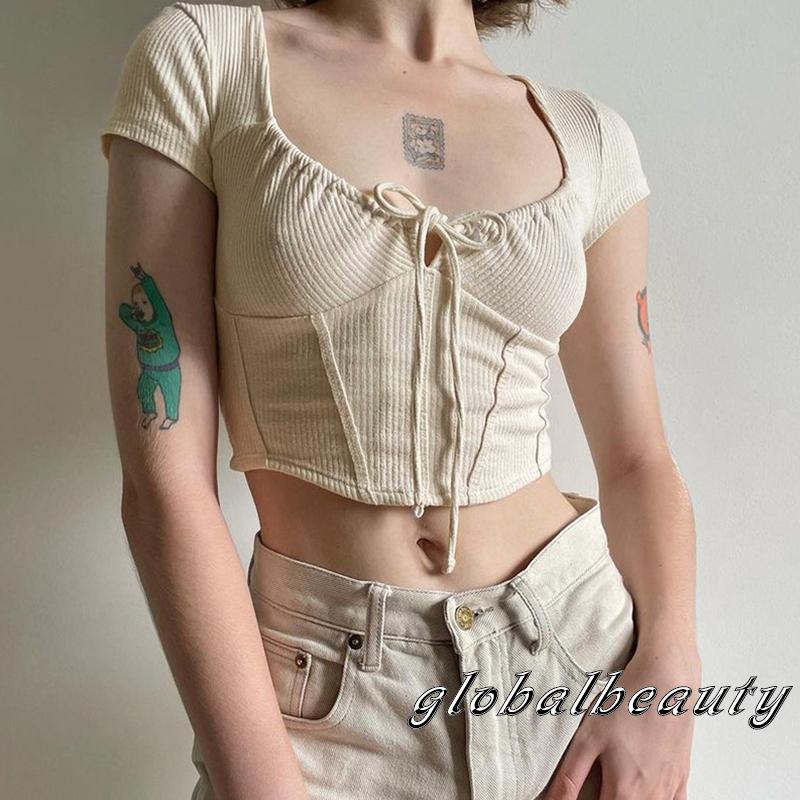 Áo Thun Croptop Tay Ngắn Dáng Ôm Thiết Kế Cắt Thấp Thời Trang Mùa Hè Cá Tính Cho Nữ