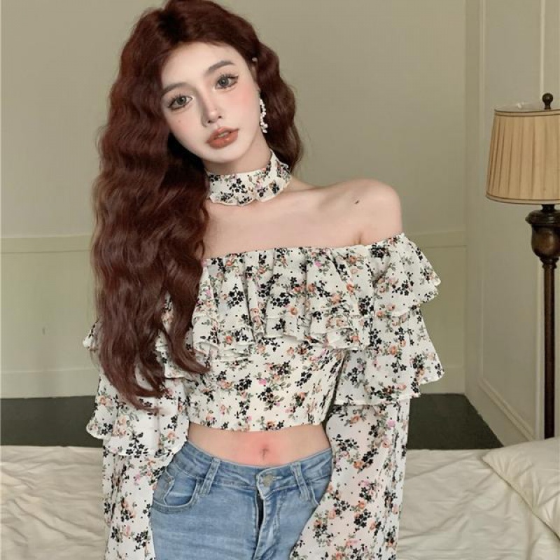 New French flounced floral shirt one-shoulder chiffon long-sleeved shirt off-shoulder sexy short printed shirt