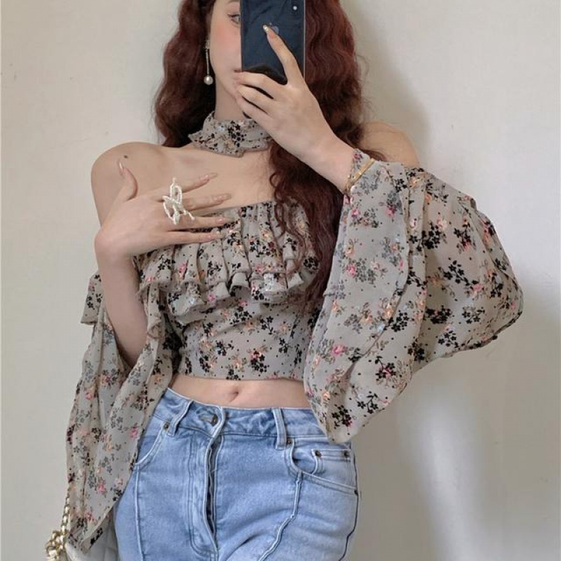 New French flounced floral shirt one-shoulder chiffon long-sleeved shirt off-shoulder sexy short printed shirt