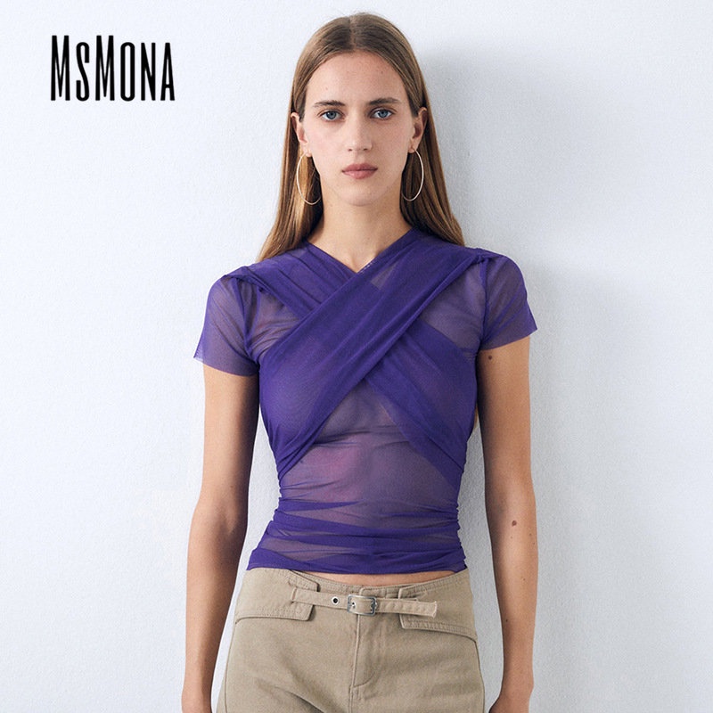 Áo Thun Tay Ngắn Cổ Chữ V Màu Trơn Phối Lưới Thời Trang 2023 Quyến Rũ Cho Nữ