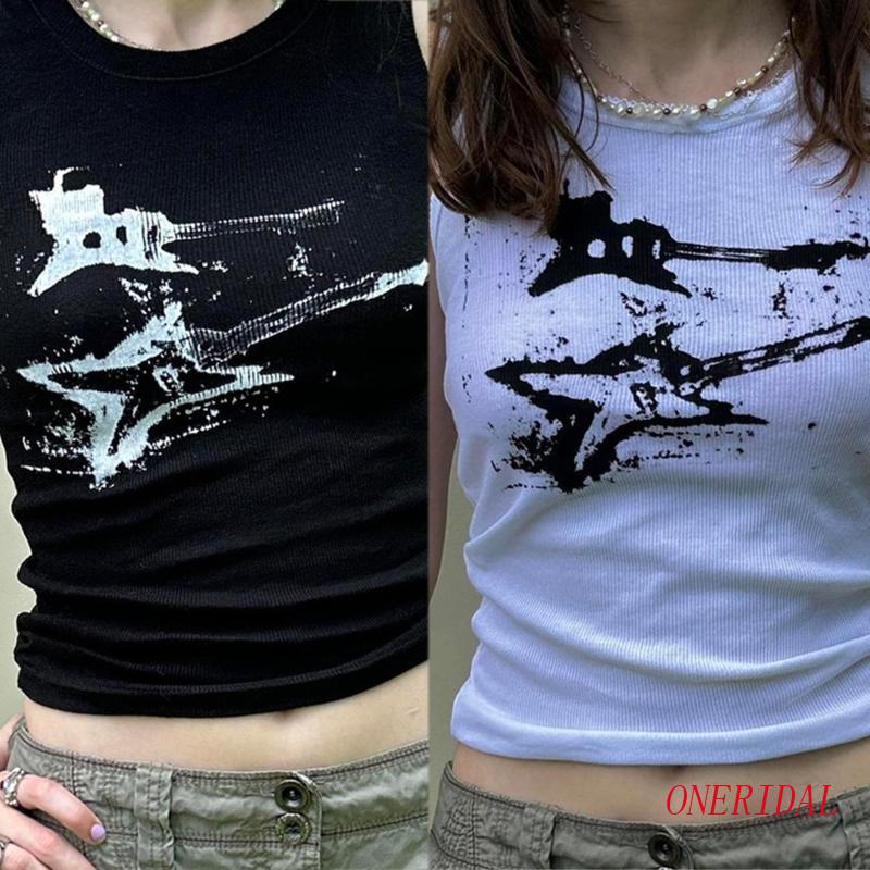 Áo Croptop Dệt Kim Không Tay Dáng Ôm In Họa Tiết Guitar Cổ Điển Những Năm 90